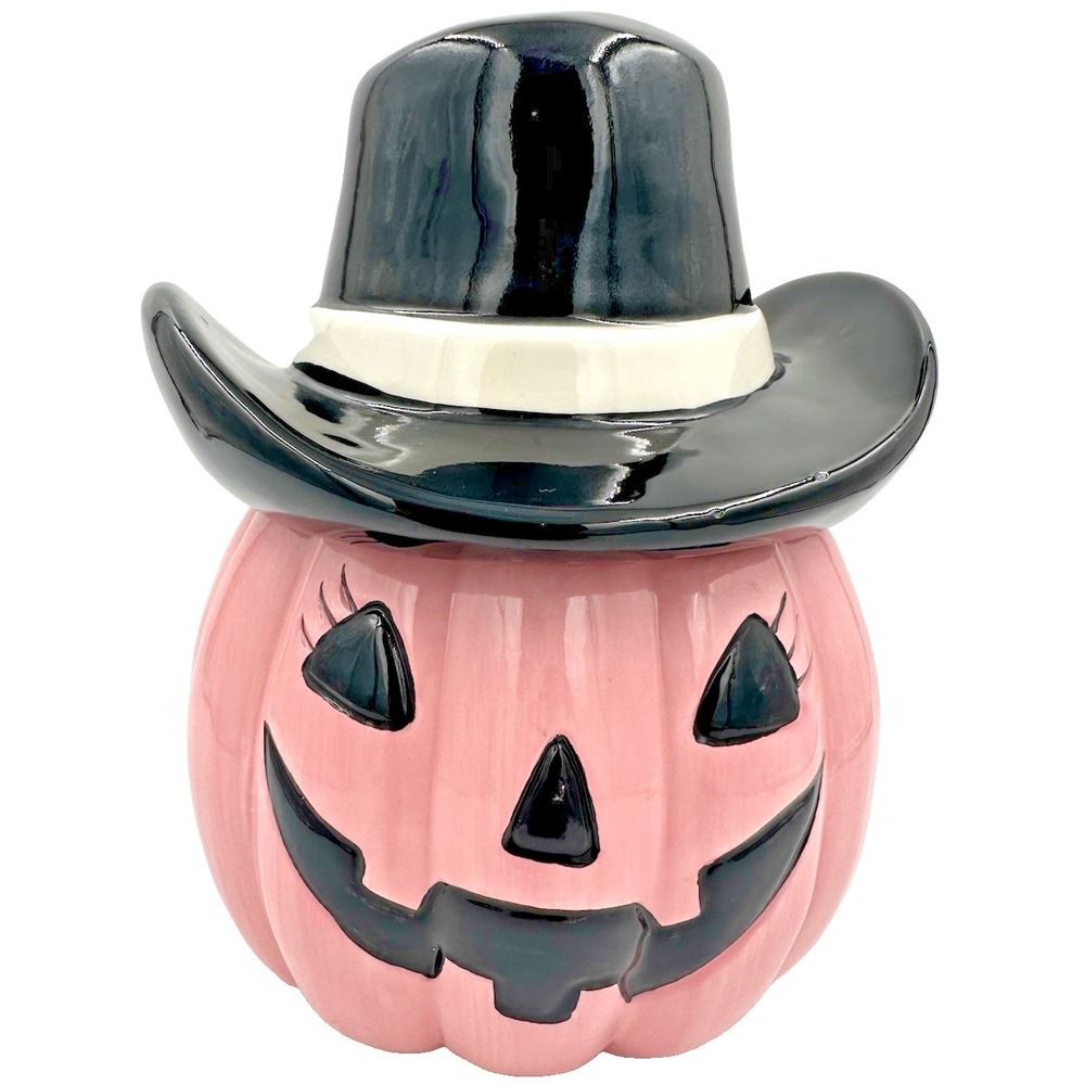 Jack O Lantern Lane Cookie Jar Pink Pumpkin Cowboy Hat Halloween Decor New Small